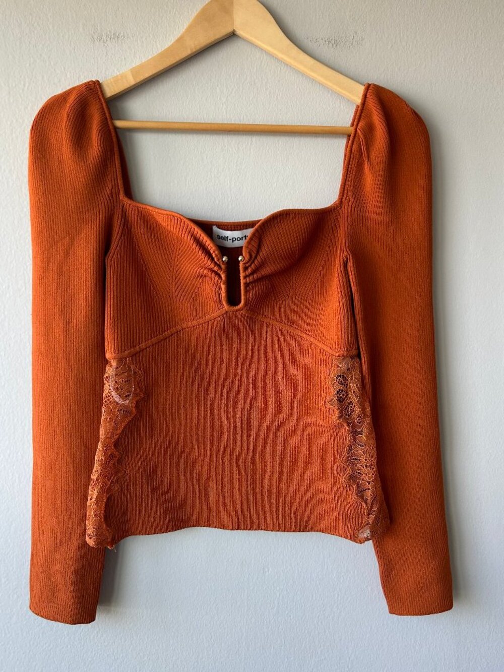 Self-Portrait Cinnamon Ribbed Knit Top Lace Panel Cutout Women Size L - Picture 2 of 12
